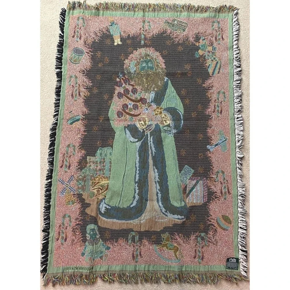Goodwin Weaver Old World Christmas Santa Tapestry Fringe Throw Blanket 64x44 USA